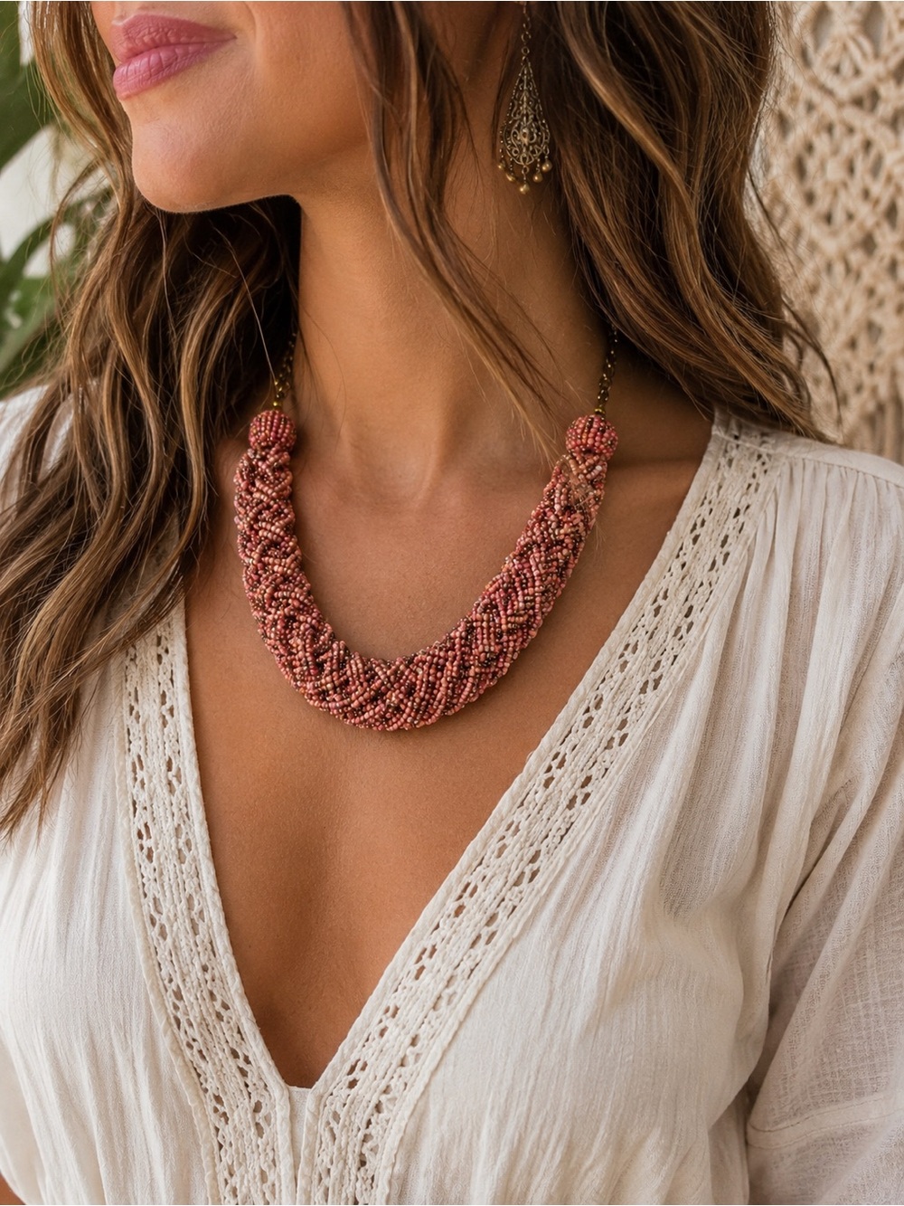 Handwoven Coral Bronze Multi Strand Seed Bead Statement Necklace